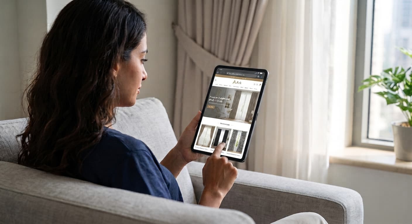 Woman browsing Ark Curtains & Decor curtain options on a tablet at home