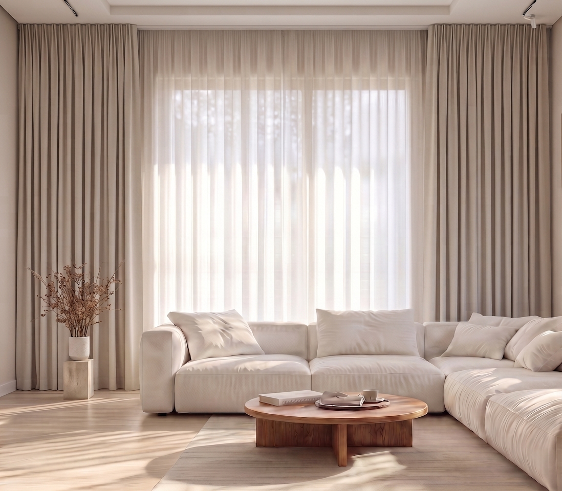 Layered sheer and blackout curtains with a central sheer panel and opaque side drapes in a bright modern living room
