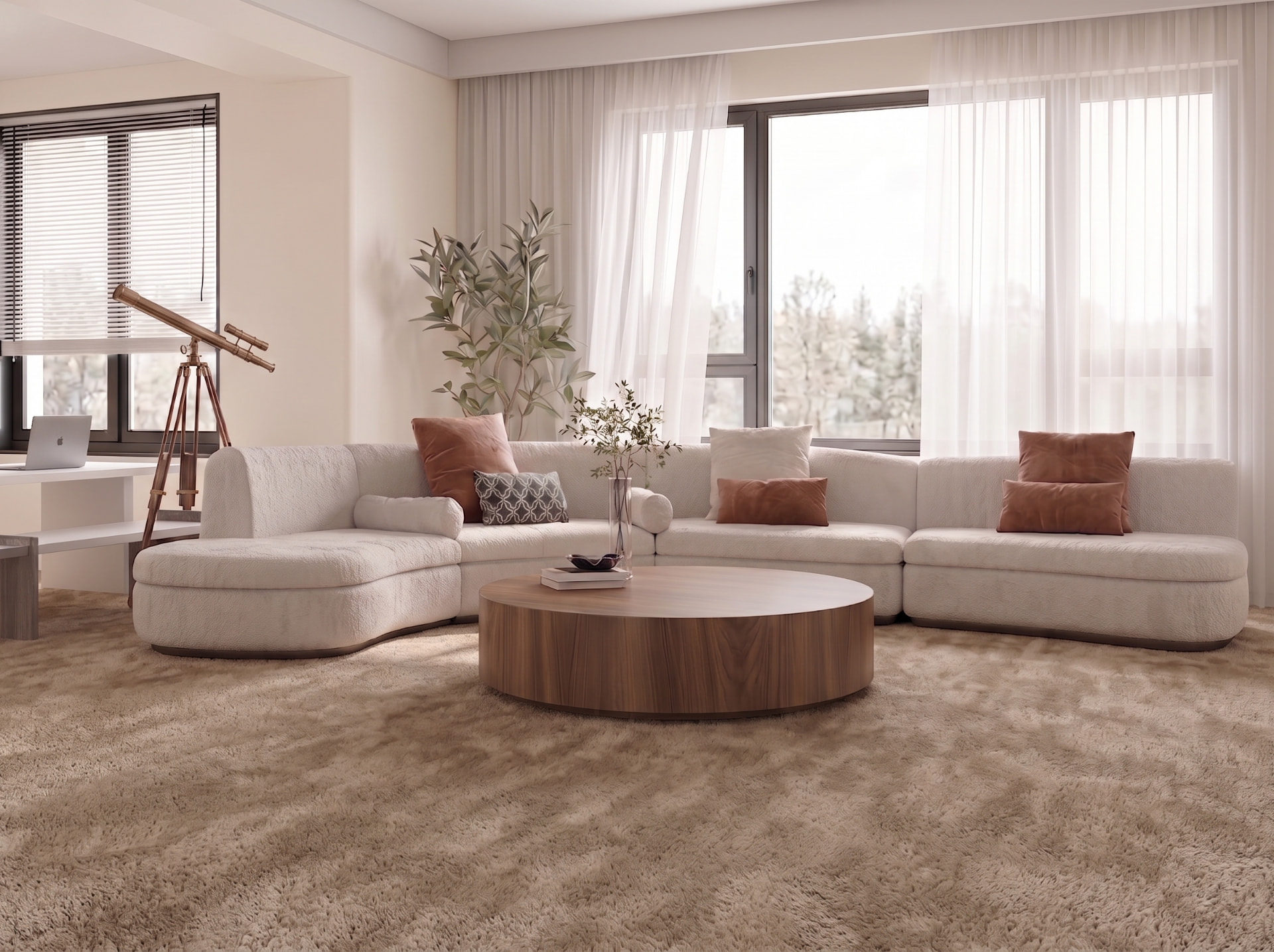 Plush cream wall-to-wall carpet in a bright modern living room with a curved sofa and wooden coffee table