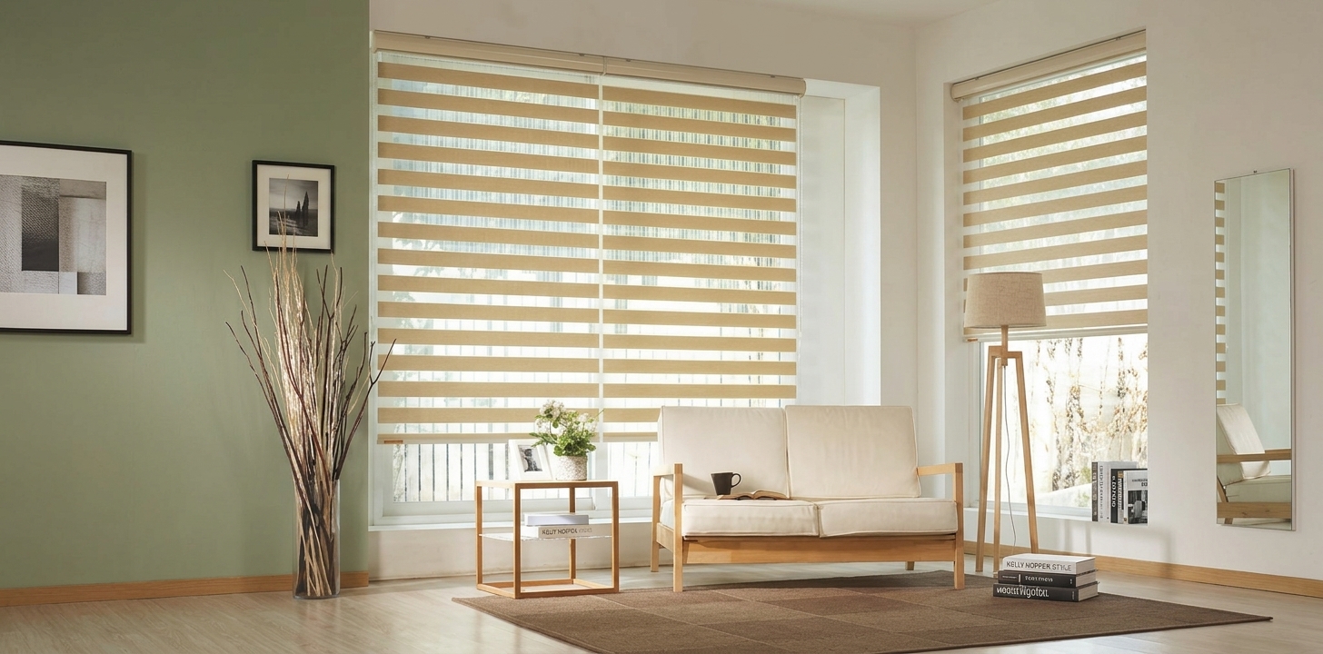 Zebra day and night blinds with alternating sheer and solid bands in a neutral room