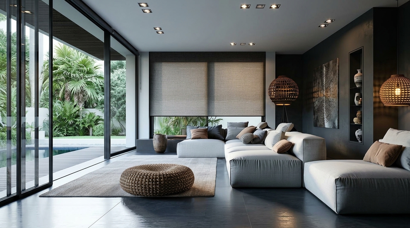 Ivory roller blind fitted to a large window in a warm minimal living room