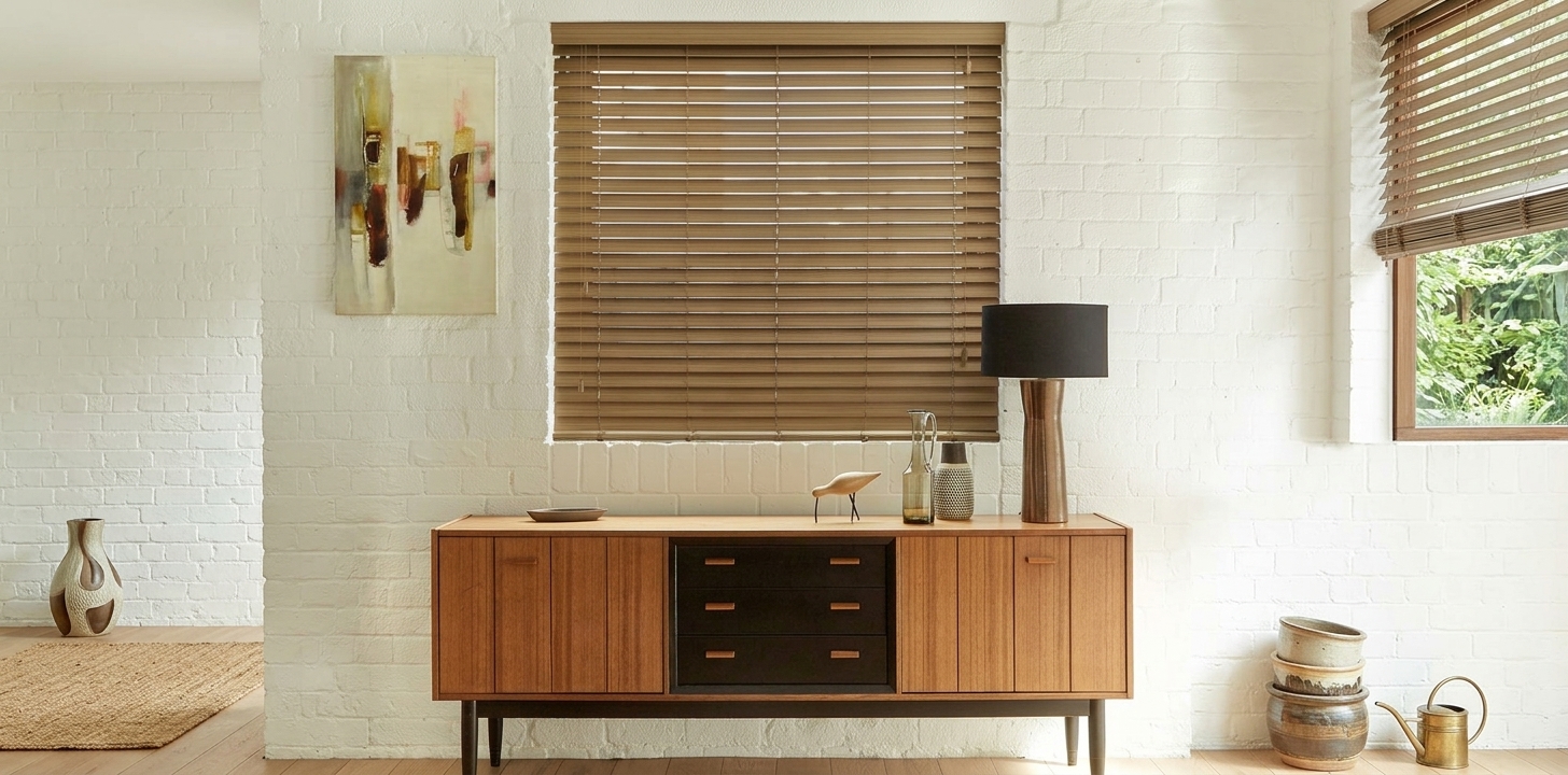Warm timber wooden venetian blinds with sunlight striping through the slats