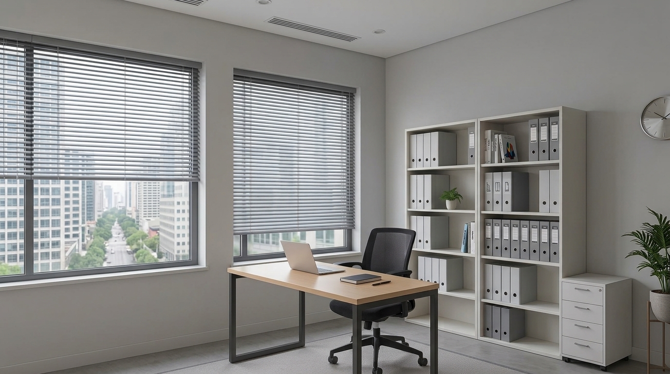 Silver aluminium venetian blinds in a bright modern office with city view