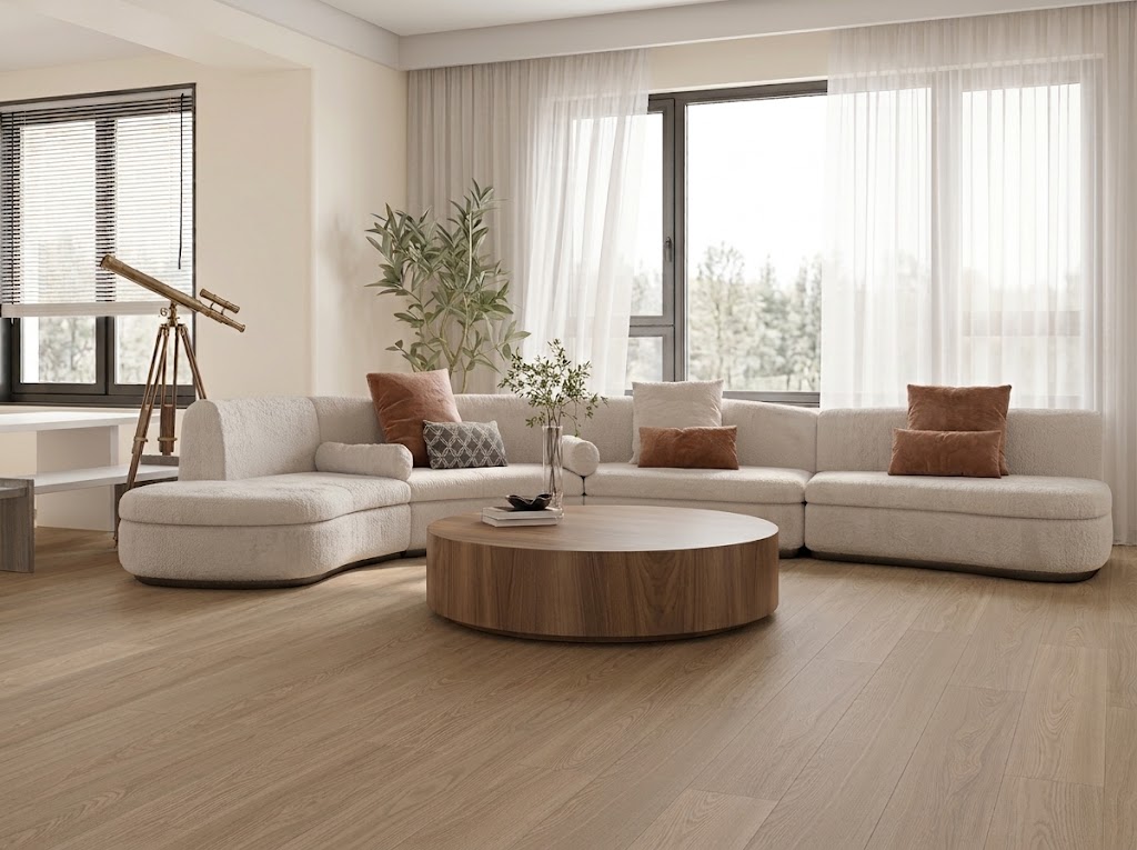 Straight-laid warm oak wood flooring in a bright modern living room