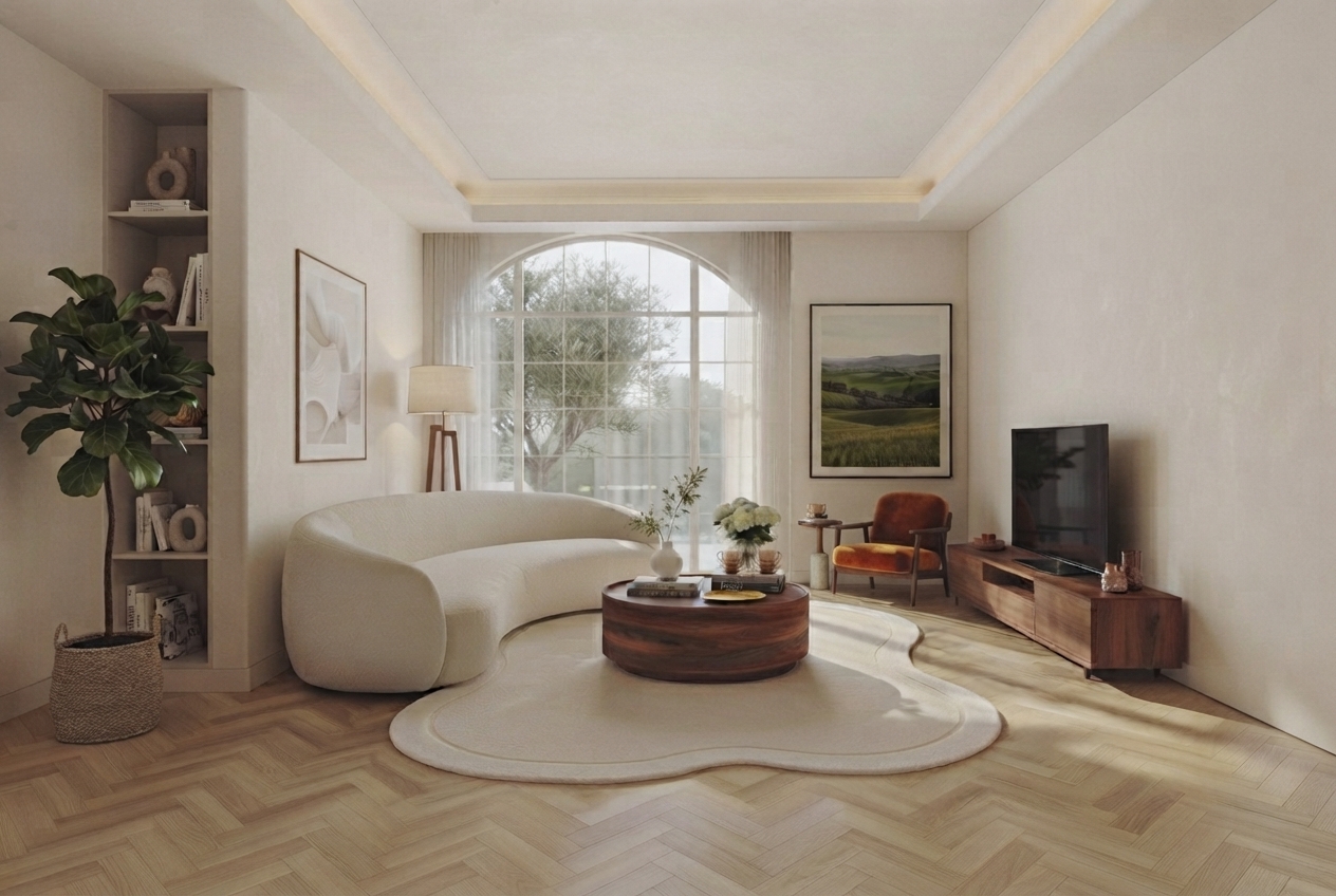 Bright modern living room with sheer curtains, herringbone flooring and curved sofa by Ark Curtains & Decor