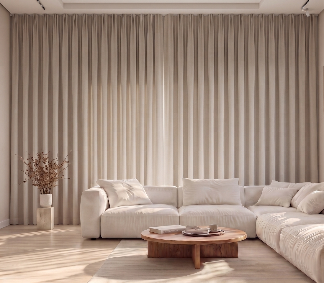 Full-length pleated beige blackout curtains in a bright modern living room with a white sectional sofa