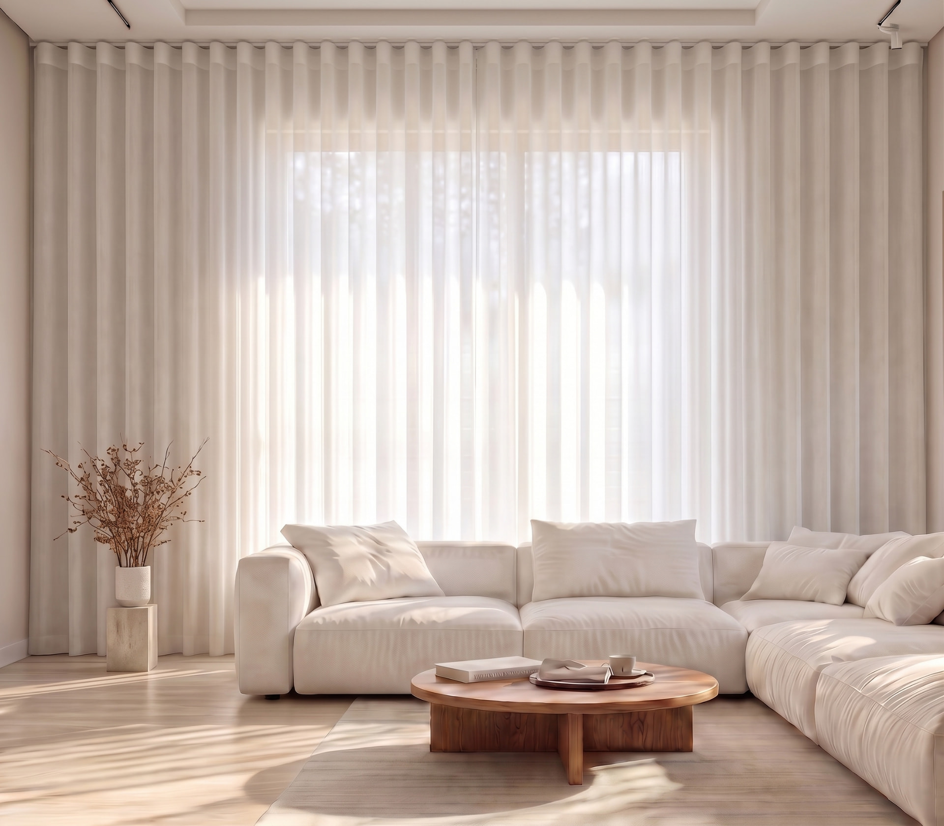 Wave style ripplefold sheer curtains in a bright living room with a white sofa