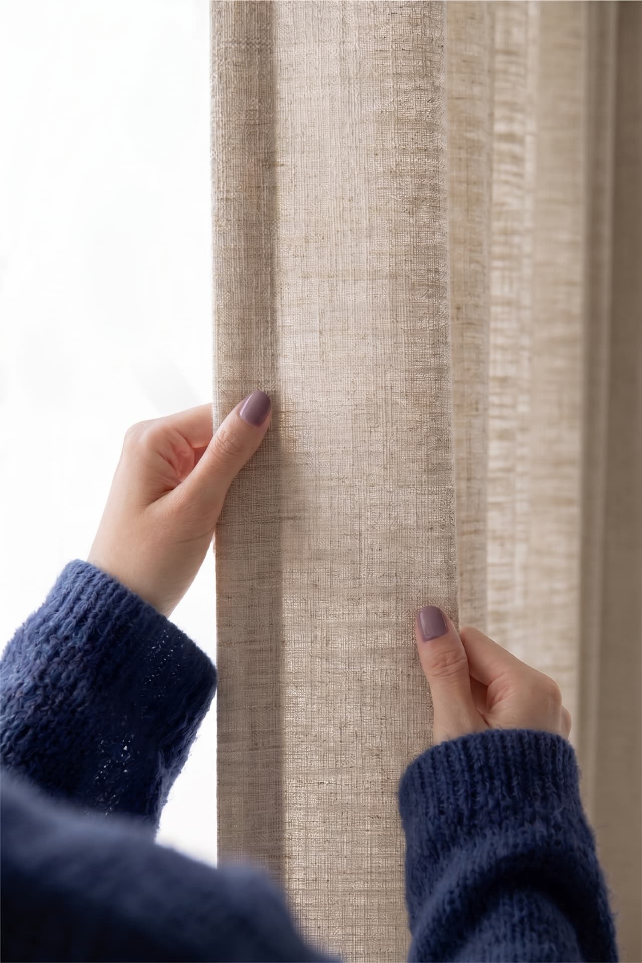 Hands checking the weave of a premium natural linen curtain fabric