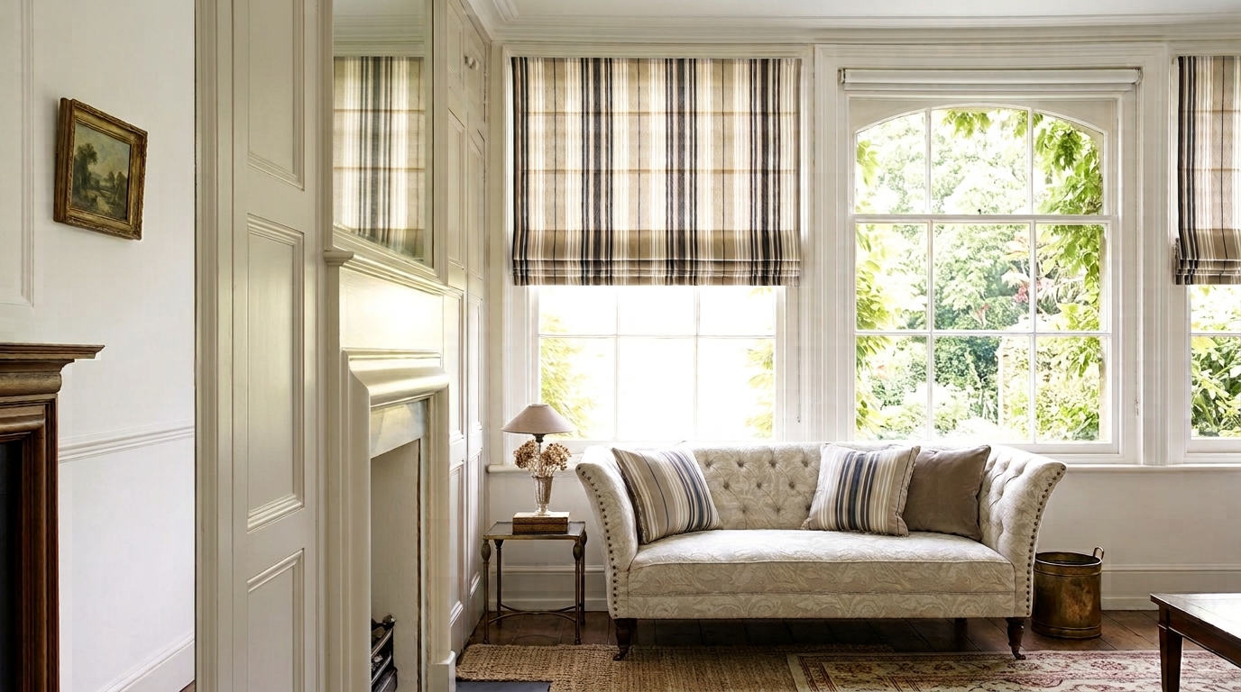 Striped roman blind in a bright classic living room with a tufted sofa