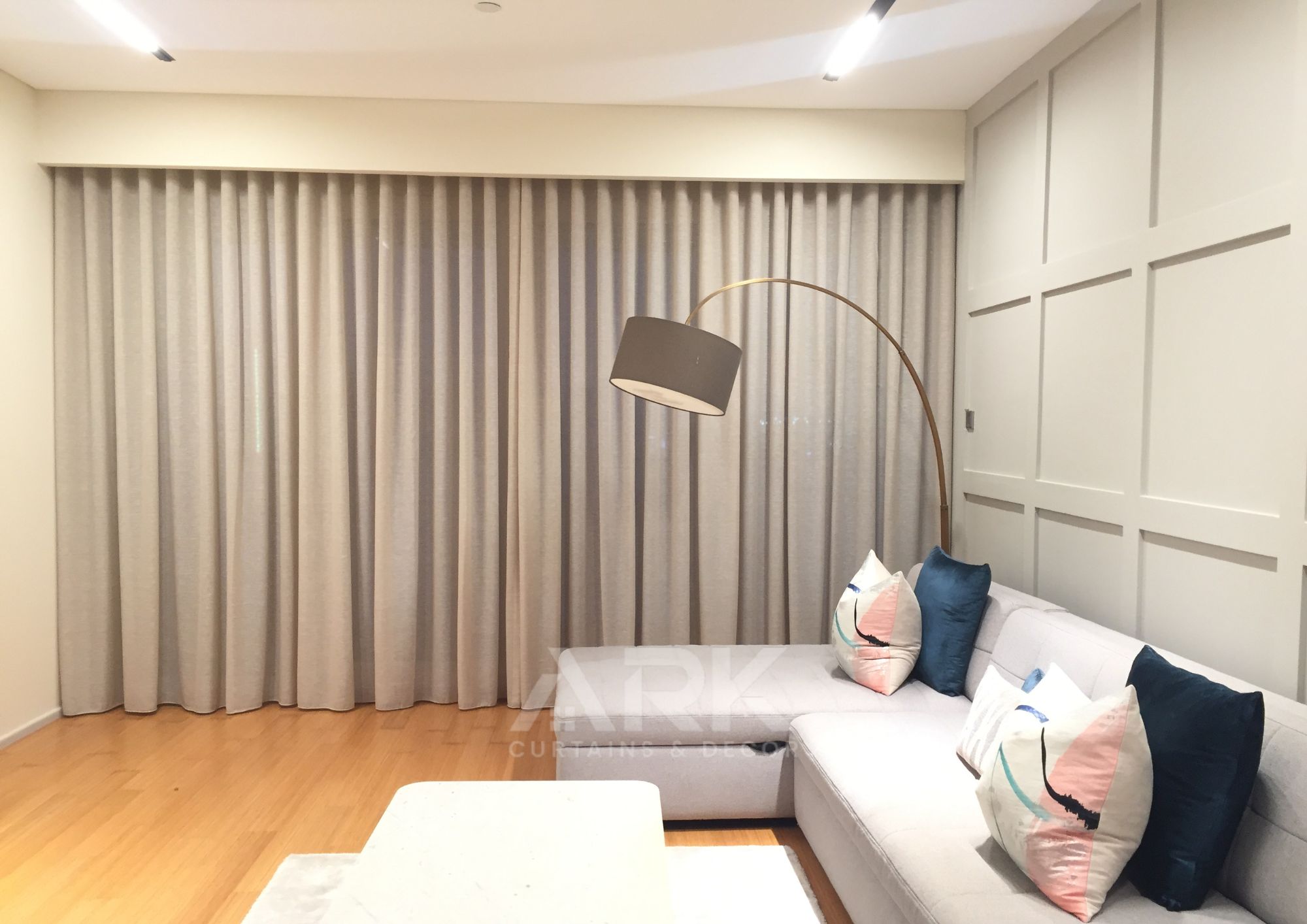 Elegant villa living room with sheer and blackout curtains
