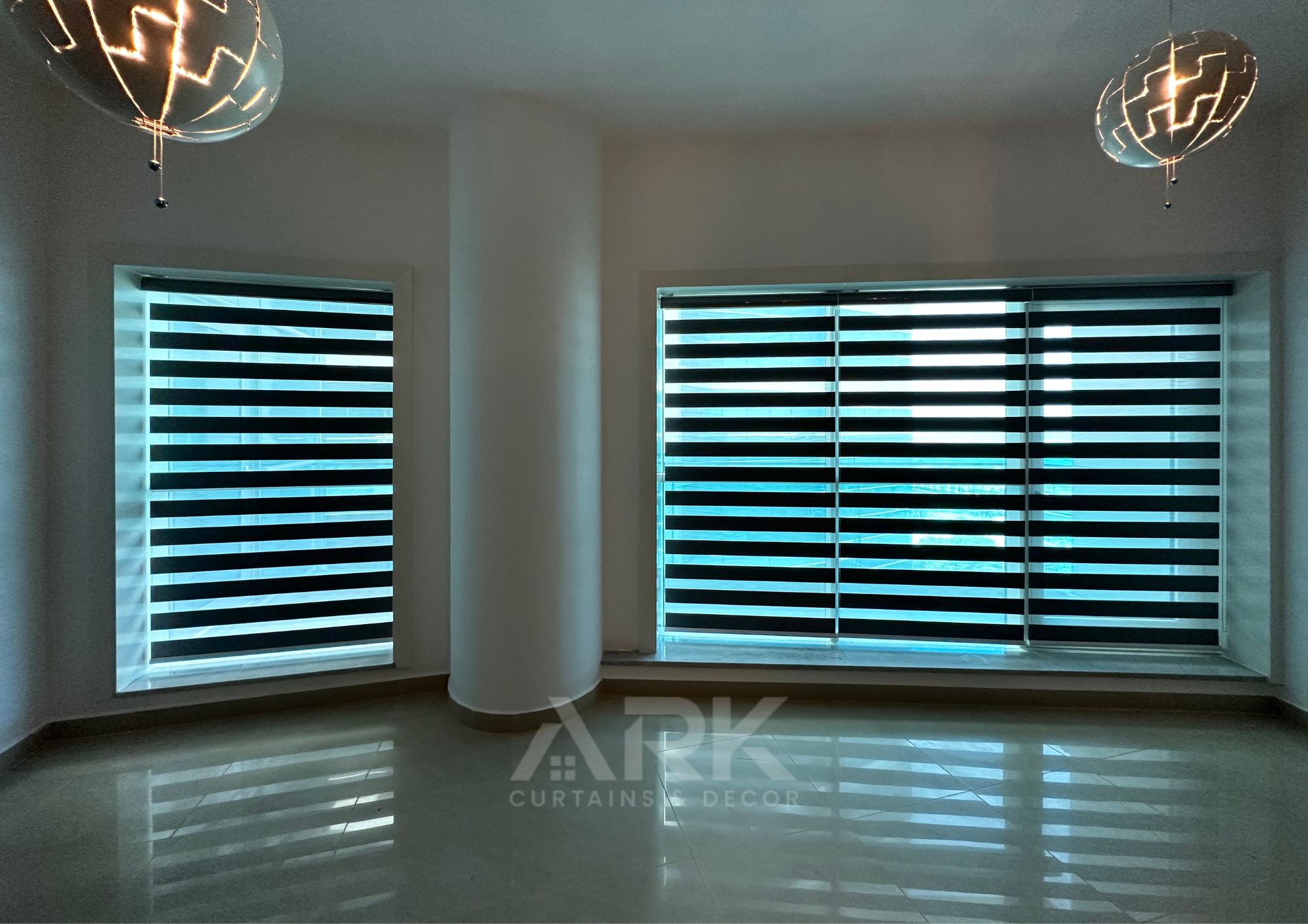 Zebra blinds with striped light control in a modern room
