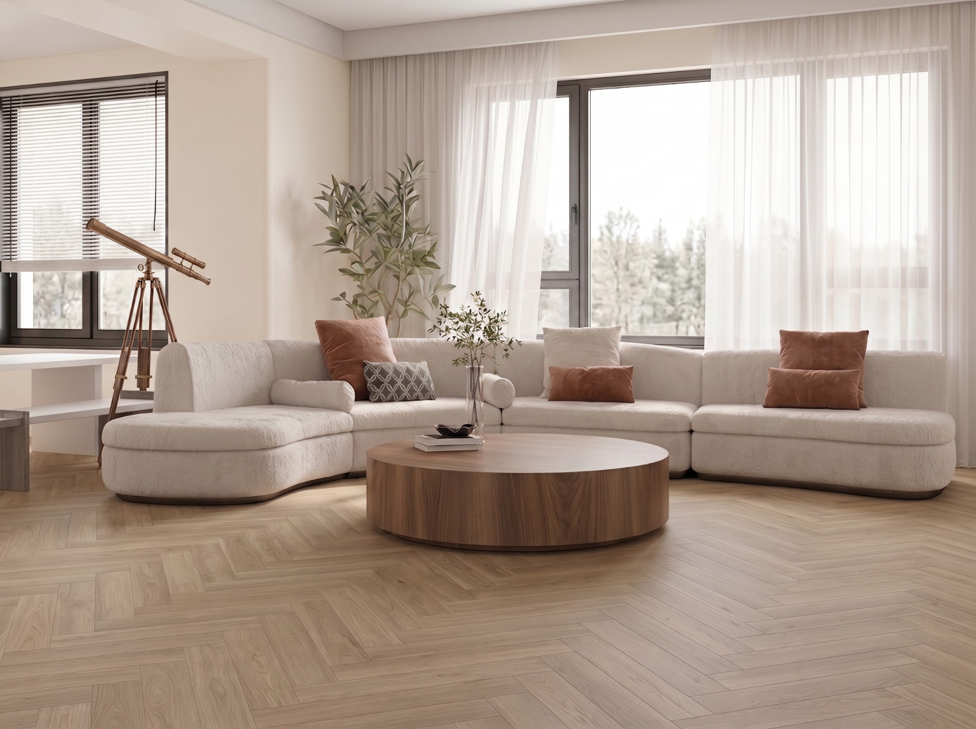 Herringbone parquet wood flooring in honey oak in an elegant apartment