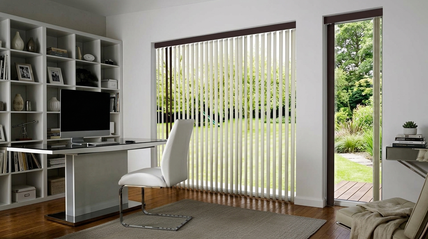 Sand coloured vertical blinds covering a floor to ceiling window