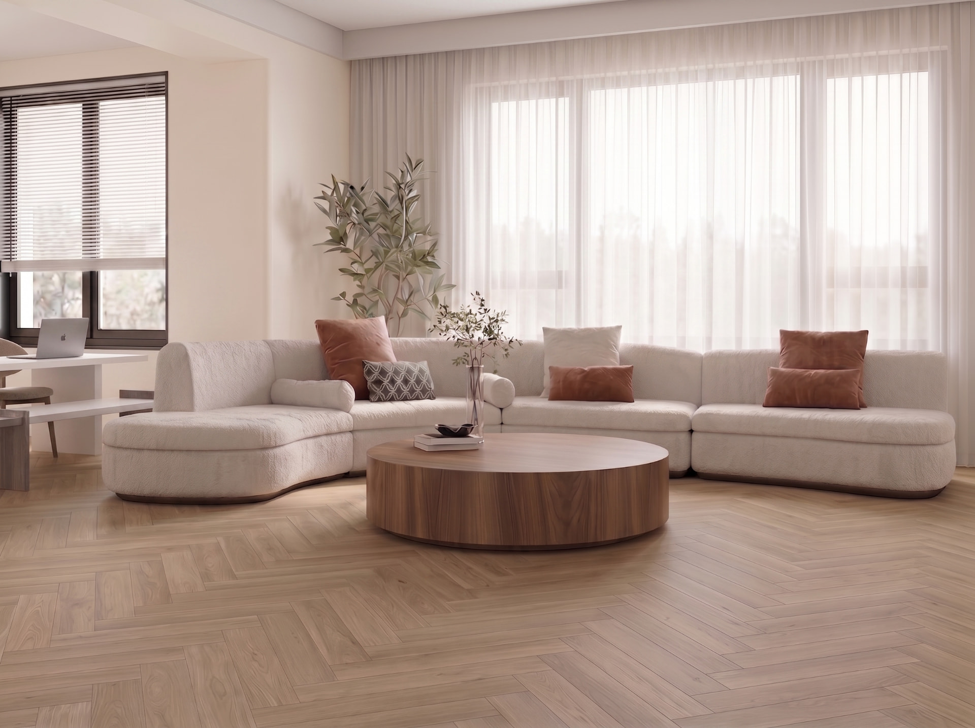 Herringbone wood flooring in a bright UAE living room by Ark Curtains & Decor