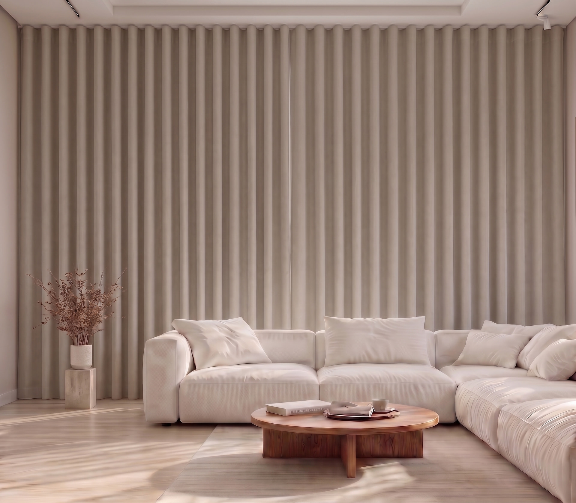 Wave style blackout curtains with a visible ceiling track header in a bright modern living room