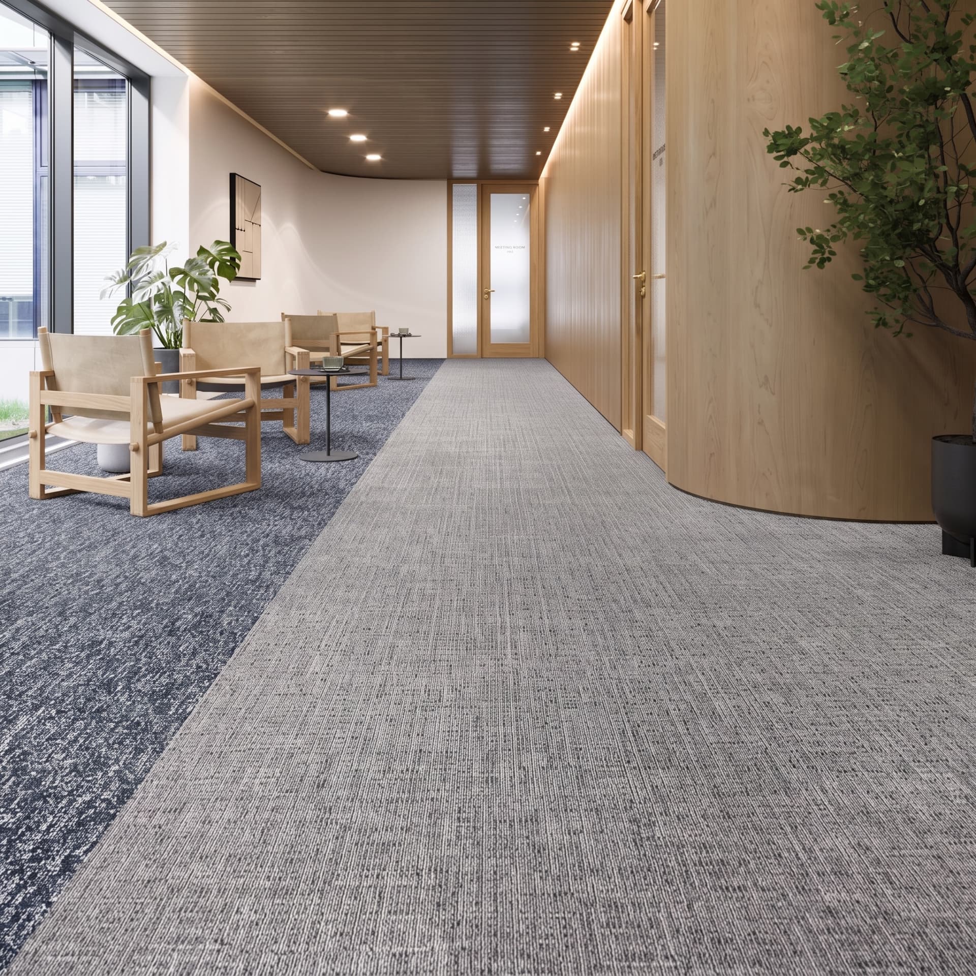 Textured grey office carpet tiles in a bright modern corridor with wooden walls and seating
